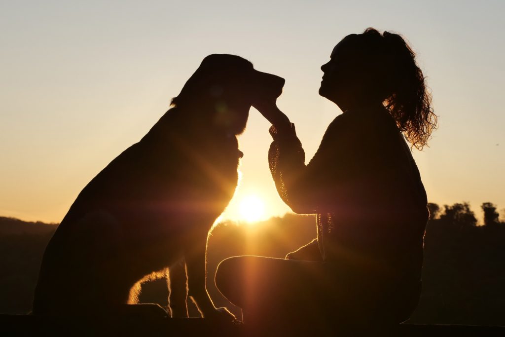 Západ slnka, cez ktorý vidíme siluetu ženy a psa. Vidno, že ide o labradora.