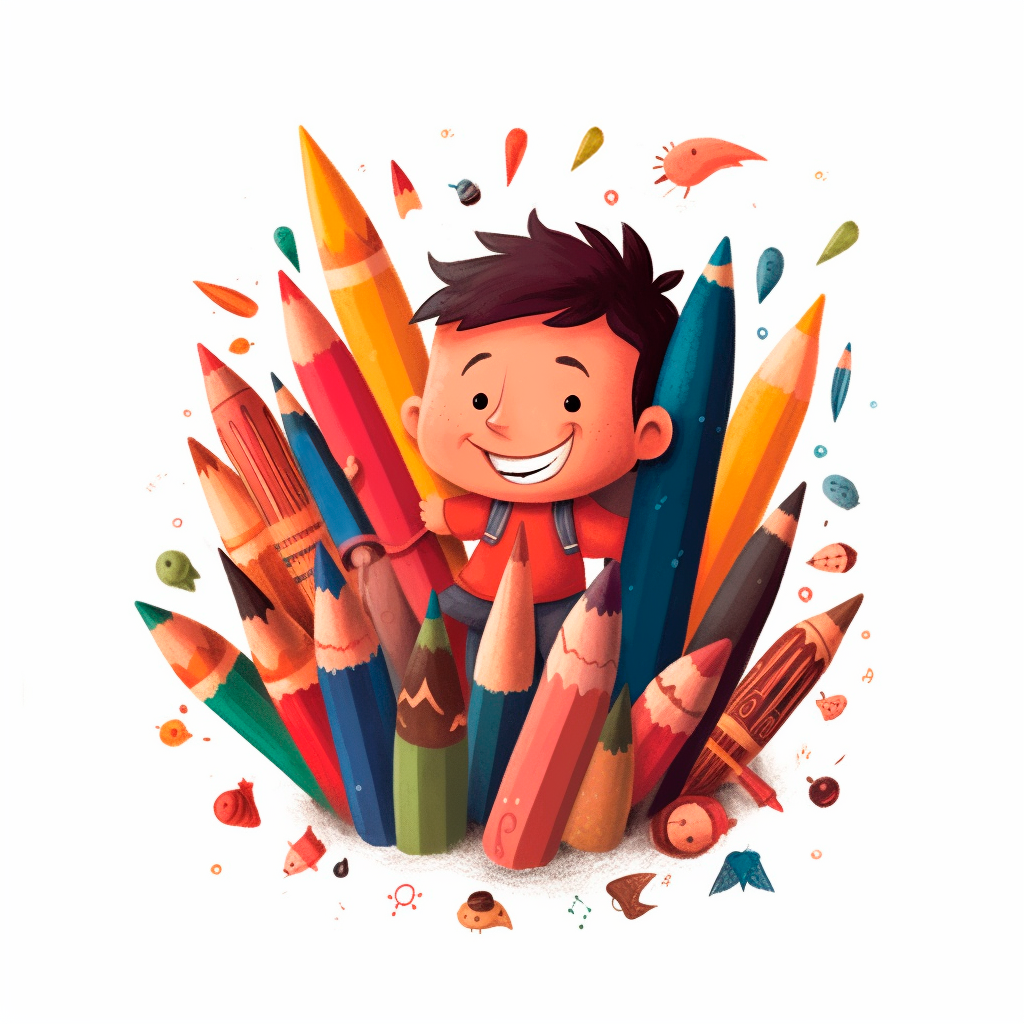 Na obrázku je kreslené dieťa a okolo neho farebné pastelky 